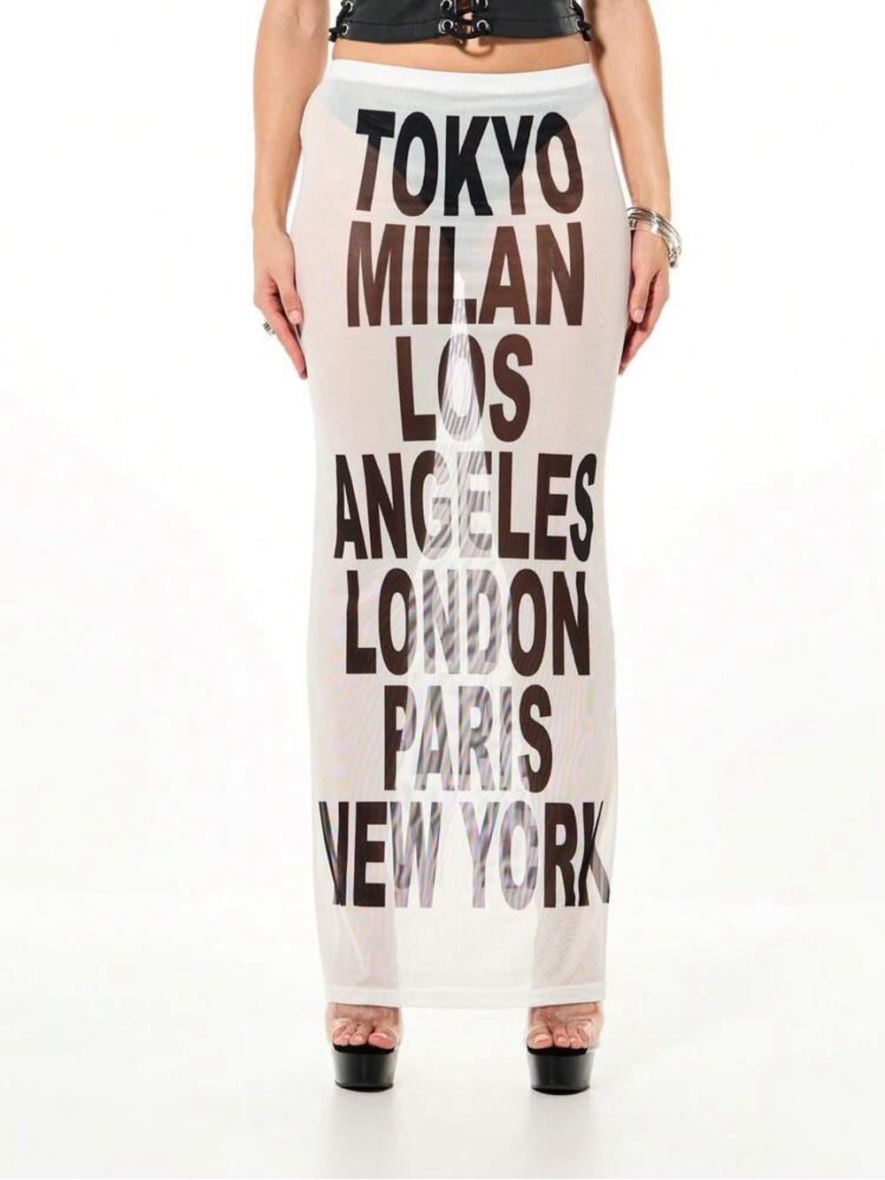 SUMWON WOMEN Graphic City Names Mesh Midaxi Pencil skirt
